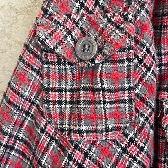 VTG Two Stoned Red Plaid Flannel Button Up Shirt Sz L Denim Elbow Patches Trim - Picture 5 of 15